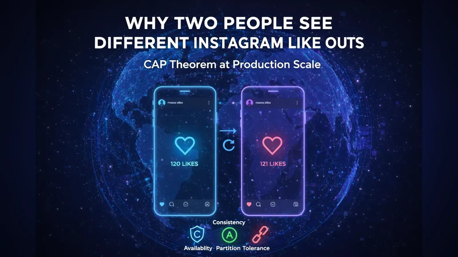 Two phones on a globe showing the same post at 120 likes and 121 likes, above the three CAP properties.
