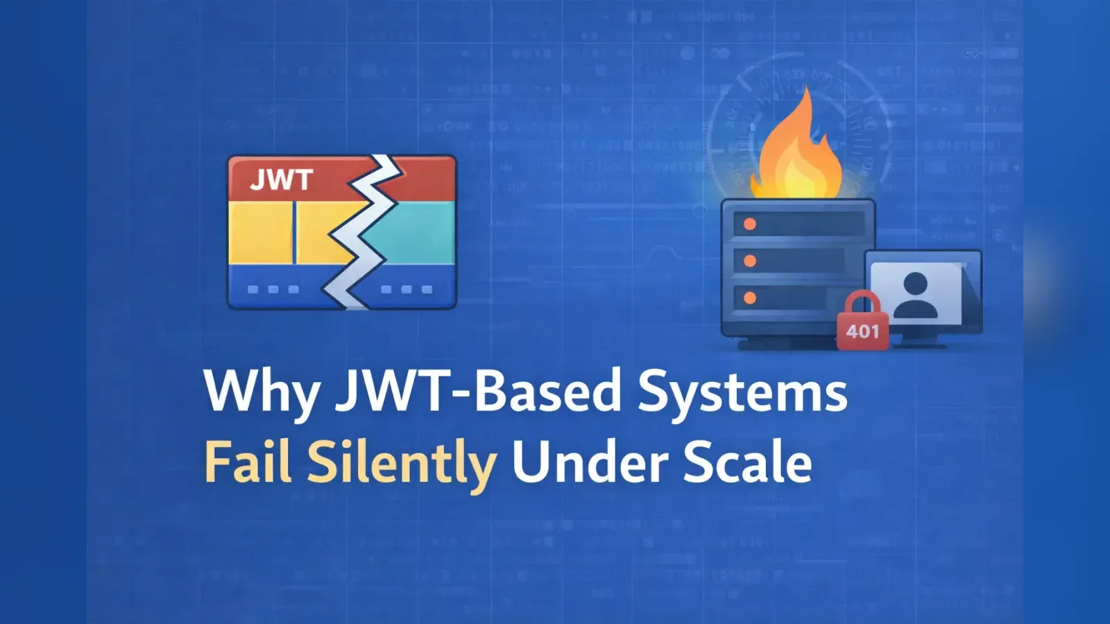 A cracked JWT token beside a burning server returning 401, under the title Why JWT-Based Systems Fail Silently Under Scale.