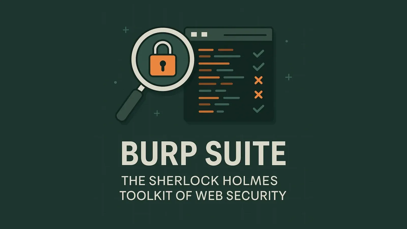 A magnifying glass over a padlock beside a list of checked and failed requests, above the text Burp Suite: The Sherlock Holmes Toolkit of Web Security.