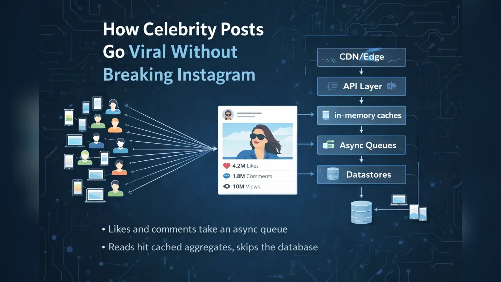 Many users converging on one celebrity post with 4.2M likes, beside a stack of CDN, API, cache, queue and datastore layers.