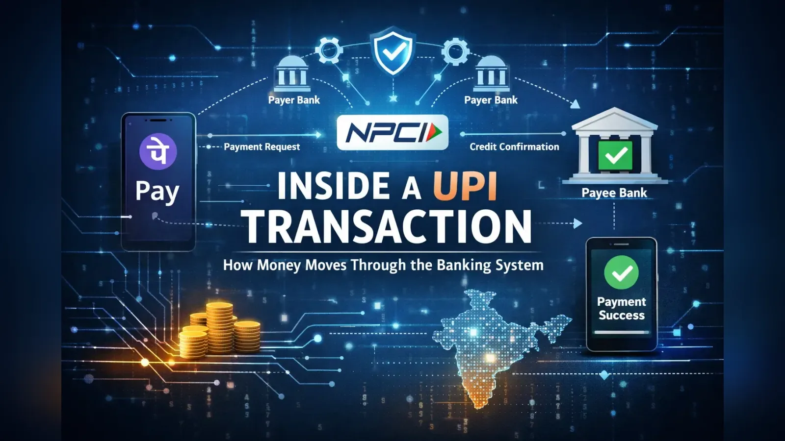 Title card reading Inside a UPI Transaction: How Money Moves Through the Banking System, with a payment app, NPCI, payer and payee banks and a map of India.