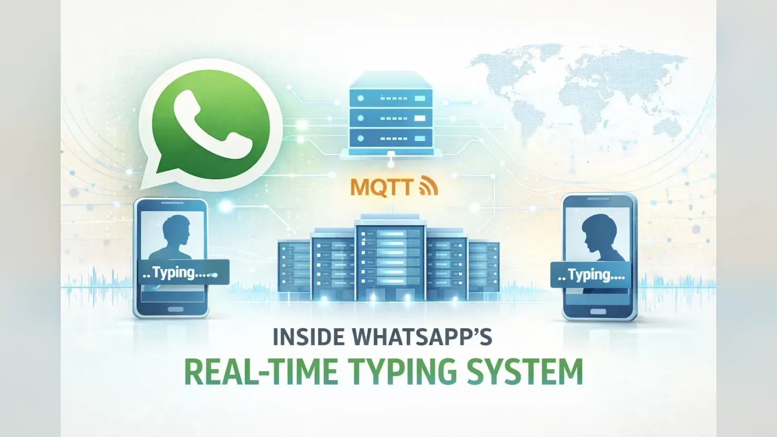 Two phones showing Typing… connected through MQTT to WhatsApp servers, under the heading Inside WhatsApp’s Real-Time Typing System.