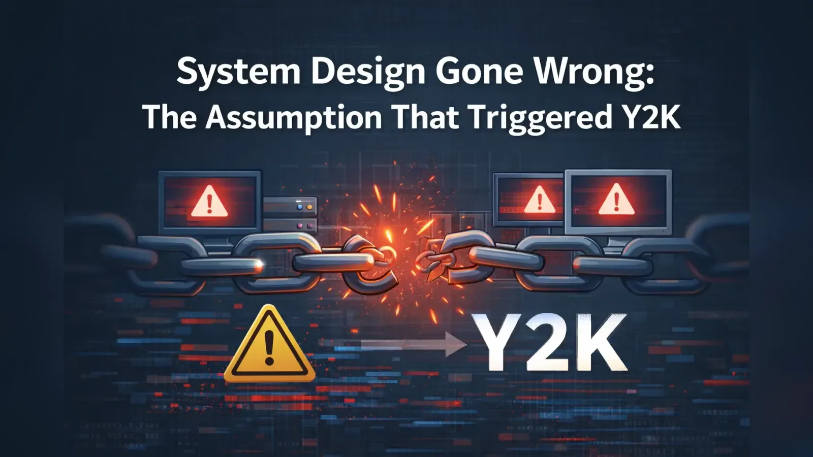 Title card reading System Design Gone Wrong: The Assumption That Triggered Y2K, over a breaking chain between warning screens.