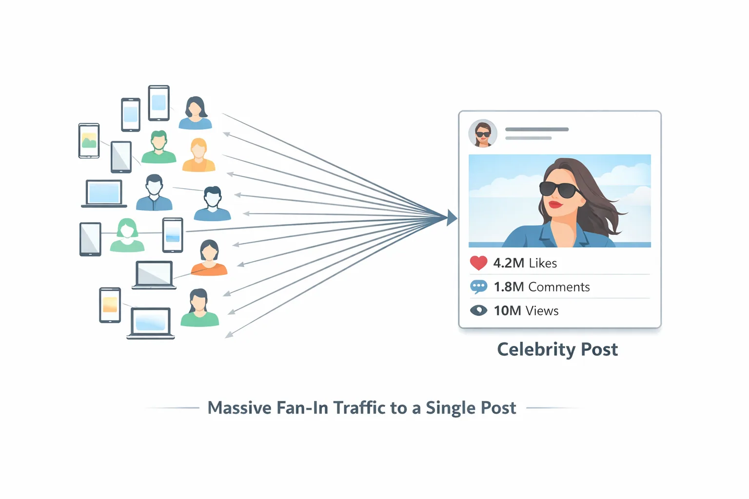 Dozens of phones, laptops and users all sending traffic to a single celebrity post with 4.2M likes, 1.8M comments and 10M views.