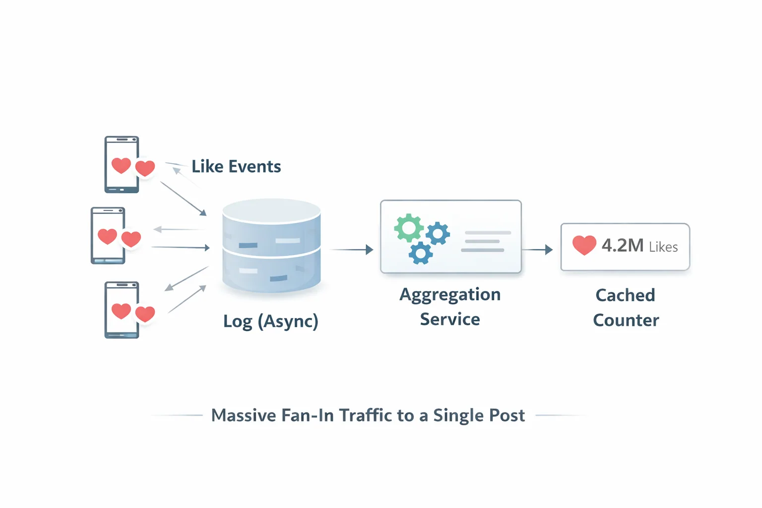 Like events from phones flow into an async log, then an aggregation service, which updates a cached counter showing 4.2M likes.