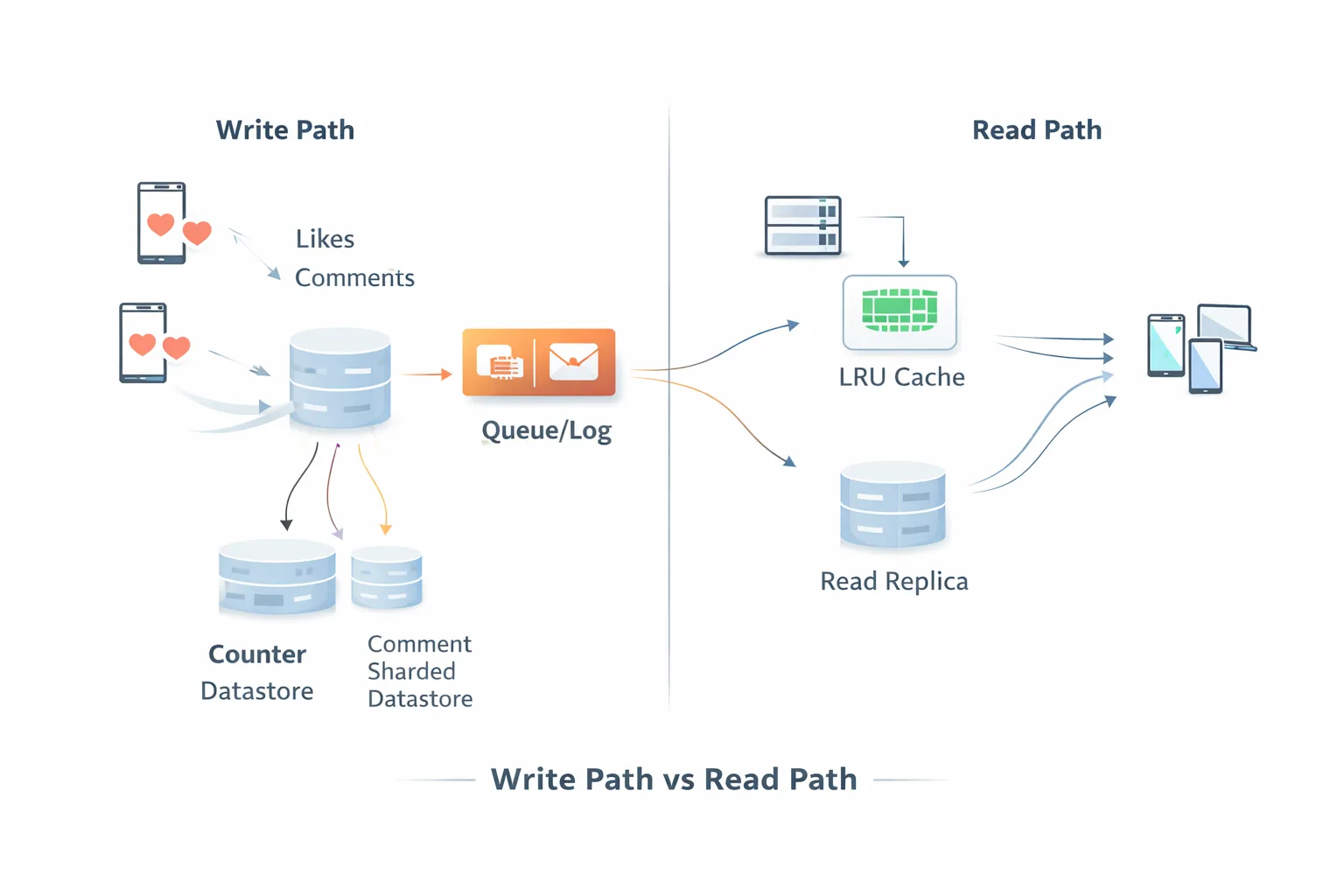 On the write path, likes and comments go through a queue into counter and sharded comment datastores; on the read path, clients read from an LRU cache and a read replica.
