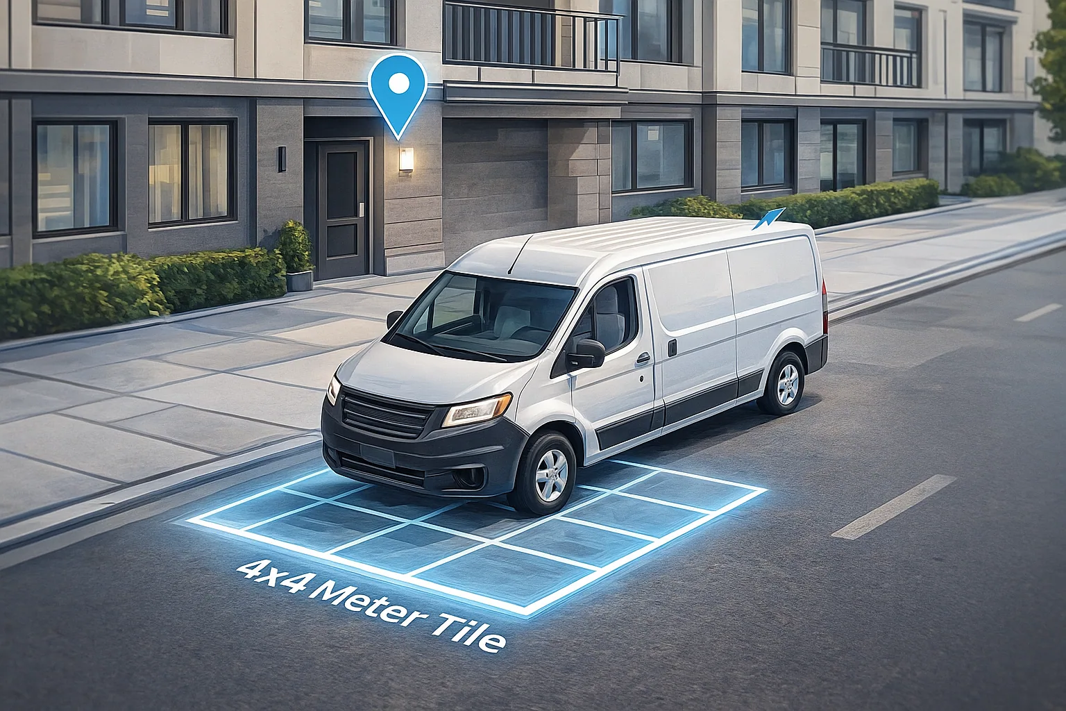 A delivery van parked on a glowing 4×4 meter tile outlined on the street, with a location pin on the building entrance behind it.