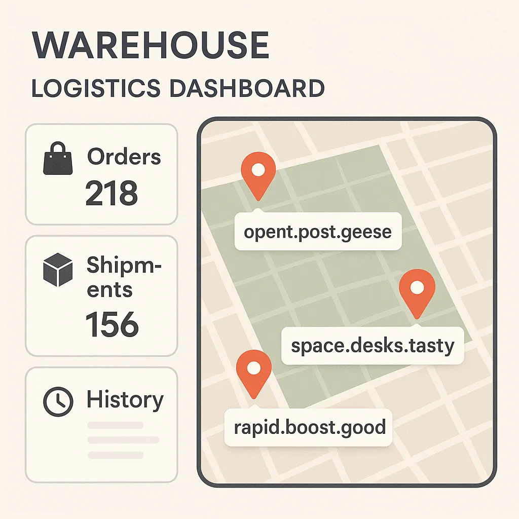 A warehouse logistics dashboard showing 218 orders and 156 shipments beside a map with three pinned delivery locations.