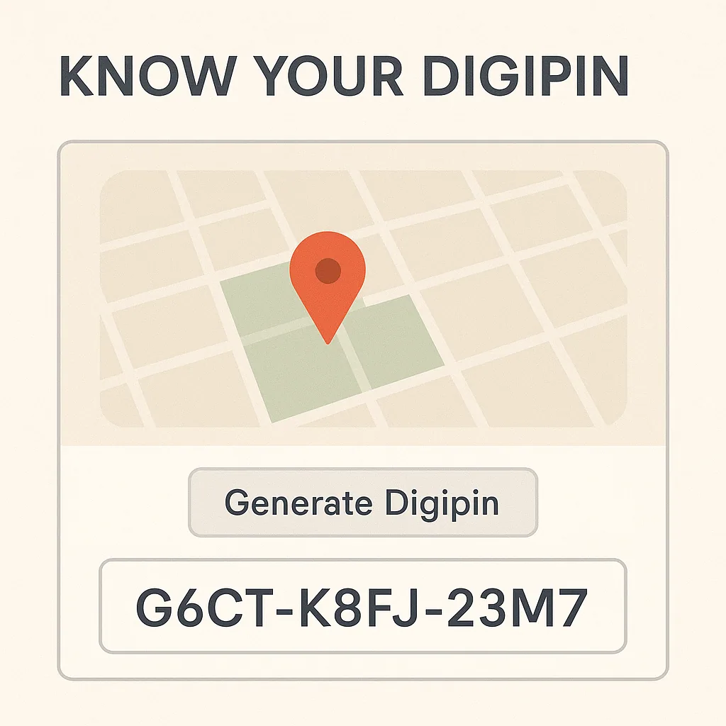 A Know Your Digipin card with a map pin, a Generate Digipin button and the example code G6CT-K8FJ-23M7.