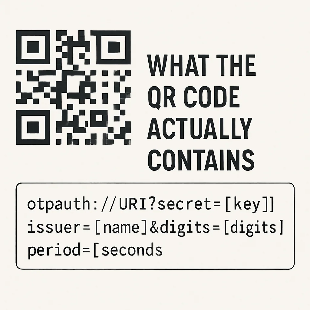 A QR code beside the heading What the QR code actually contains and an otpauth URI with secret, issuer, digits and period parameters.