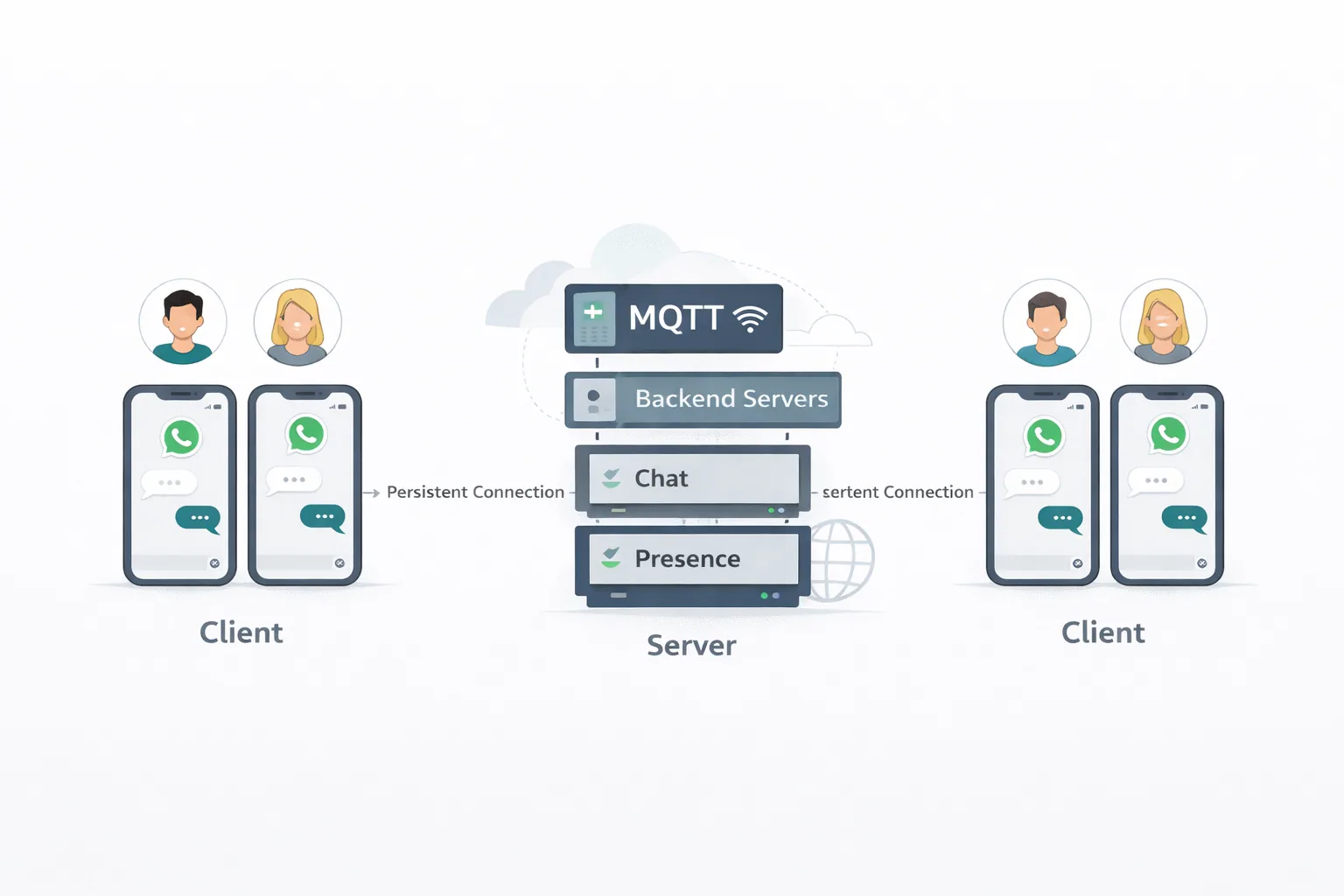 Pairs of clients on both sides connected over persistent connections to MQTT backend servers with chat and presence services.
