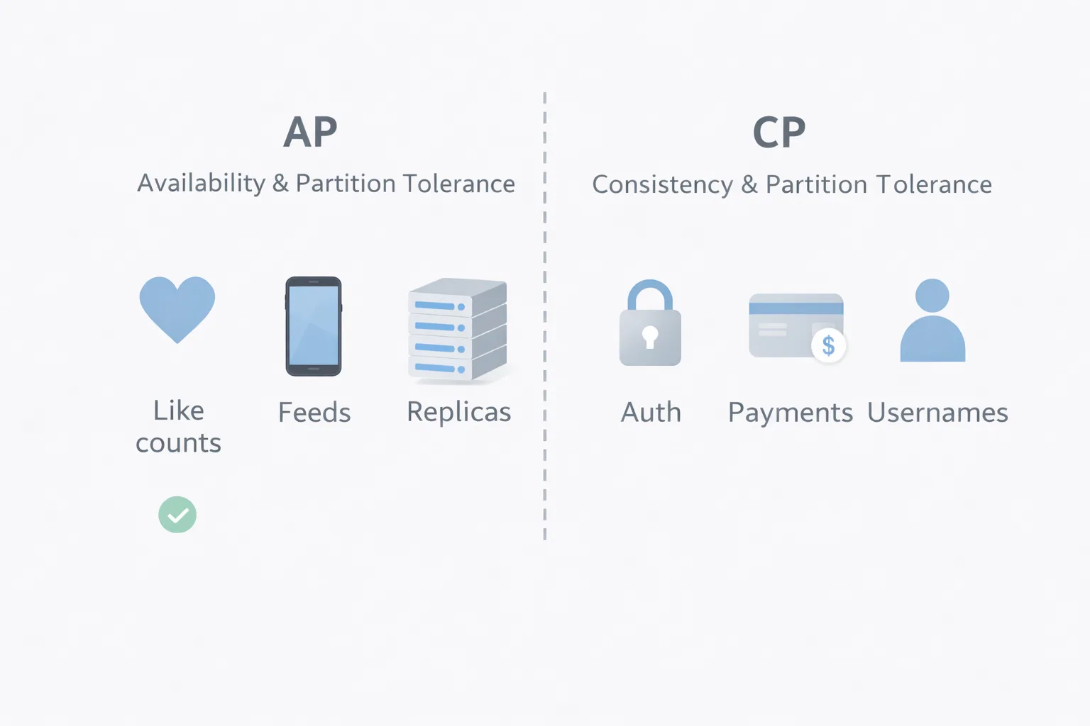 Two columns: AP covers like counts, feeds and replicas; CP covers auth, payments and usernames.