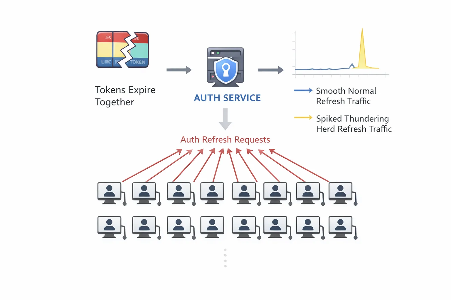 Tokens that expire together send a thundering herd of refresh requests from many clients to the auth service, shown as a spike over smooth normal refresh traffic.