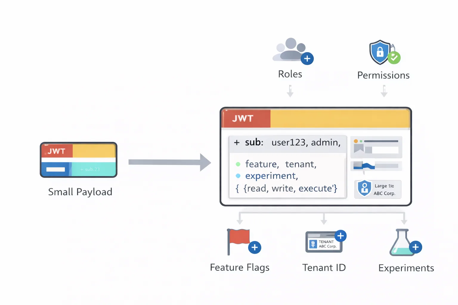 A small JWT grows into a large one as roles, permissions, feature flags, tenant ID and experiments are added to its claims.