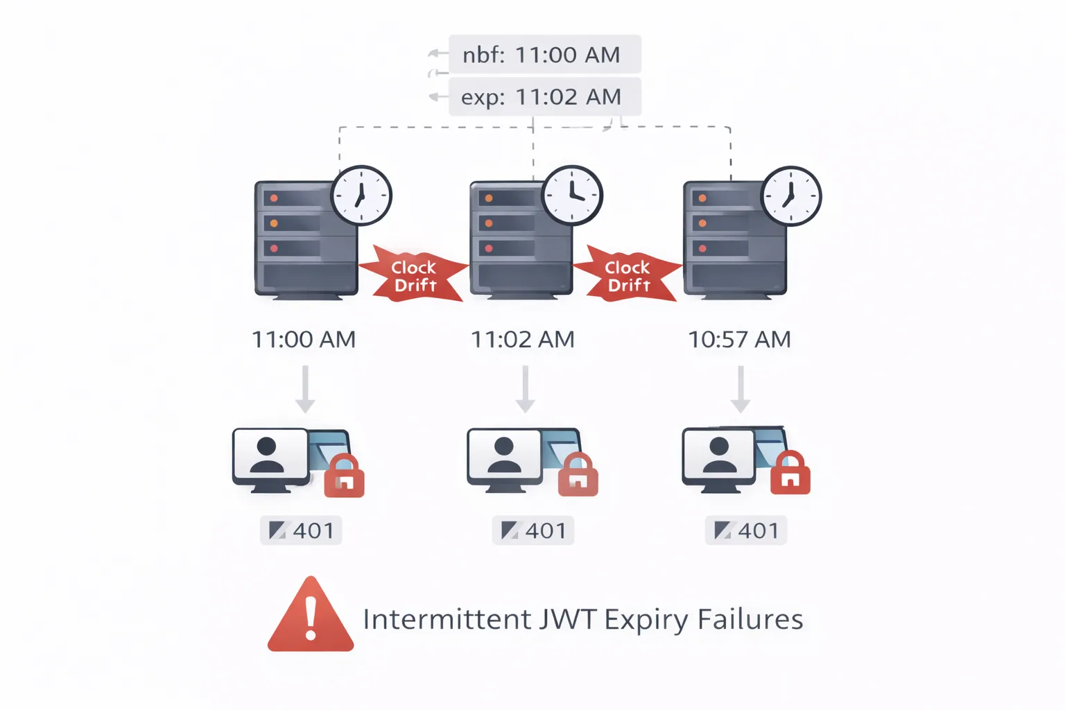 A token valid from 11:00 to 11:02 AM is checked by three servers whose clocks read 11:00, 11:02 and 10:57 because of clock drift, producing intermittent 401 errors.