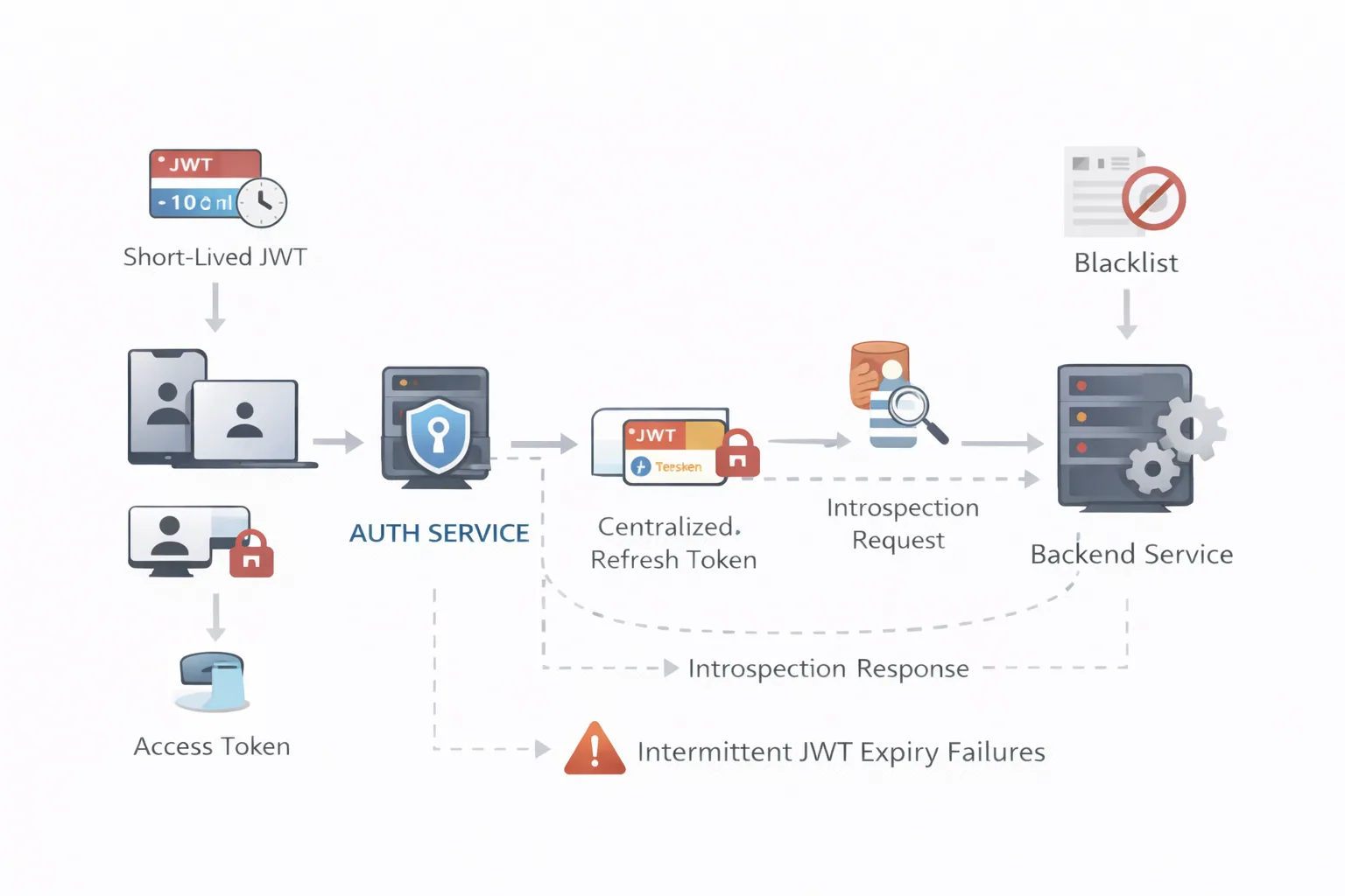 Clients use short-lived JWTs with an auth service and centralized refresh tokens, while the backend checks tokens through an introspection request and a blacklist.