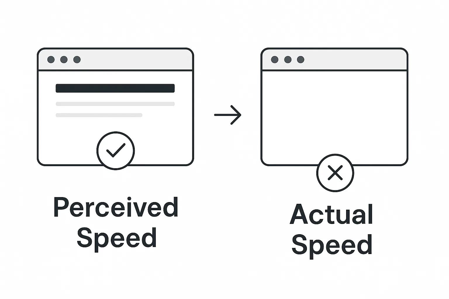 Two browser windows: a rendered page marked with a tick for perceived speed, and a blank page marked with a cross for actual speed.