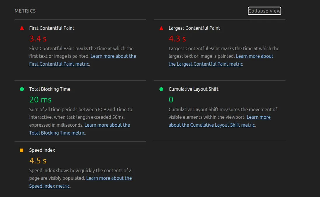 Lighthouse metrics: First Contentful Paint 3.4 s, Largest Contentful Paint 4.3 s, Total Blocking Time 20 ms, Cumulative Layout Shift 0 and Speed Index 4.5 s.