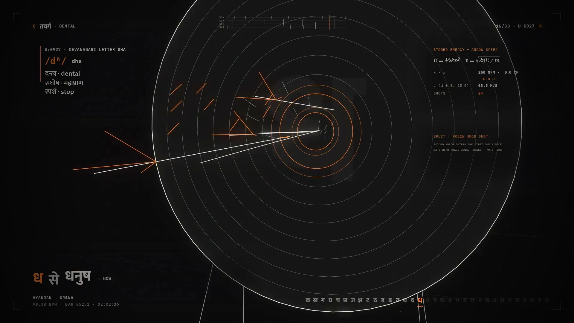 An archery target face with the letter ध projected onto it, arrows in the letter, and a bow in the foreground.