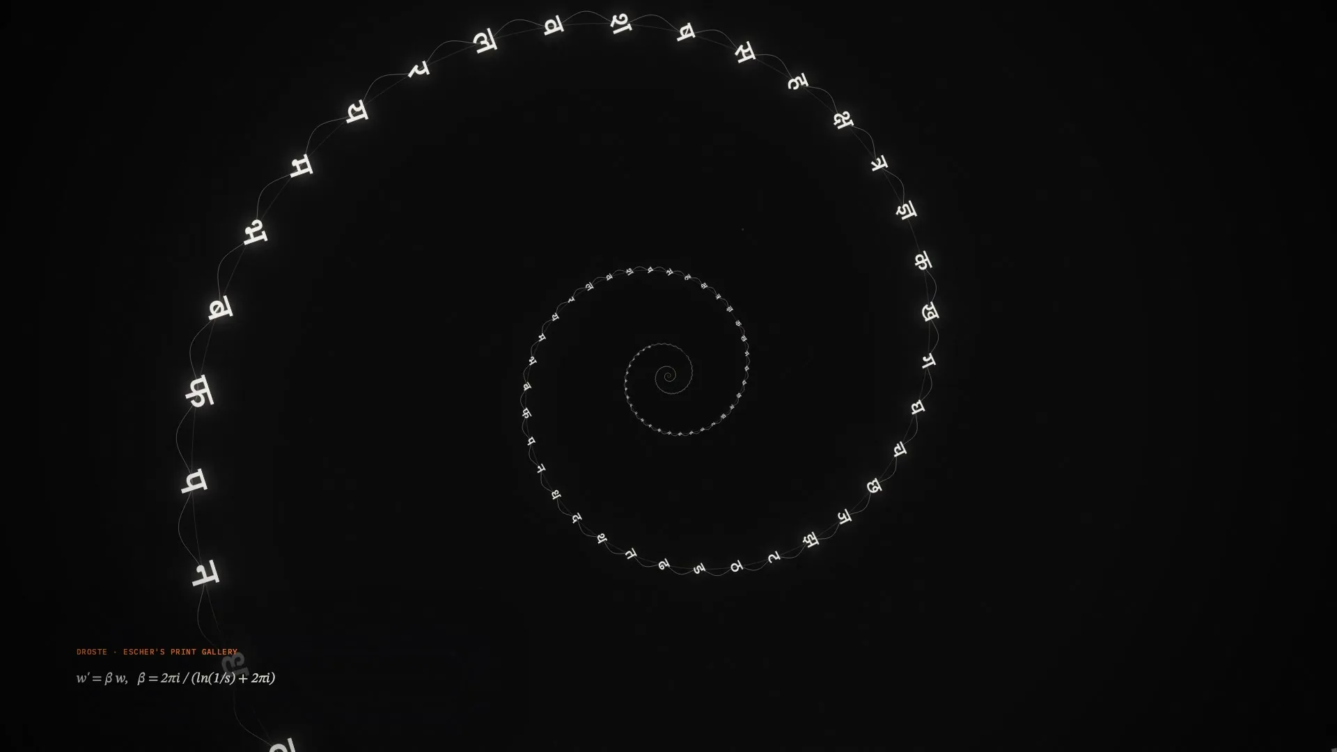 All 33 consonants arranged along one continuous spiral that nests into itself, an Escher-style Droste effect, in white and orange on black.