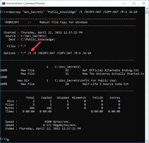 A Windows command prompt showing Robocopy output: the job header, three new files copied, and a summary table of directories, files and bytes with zero failures.