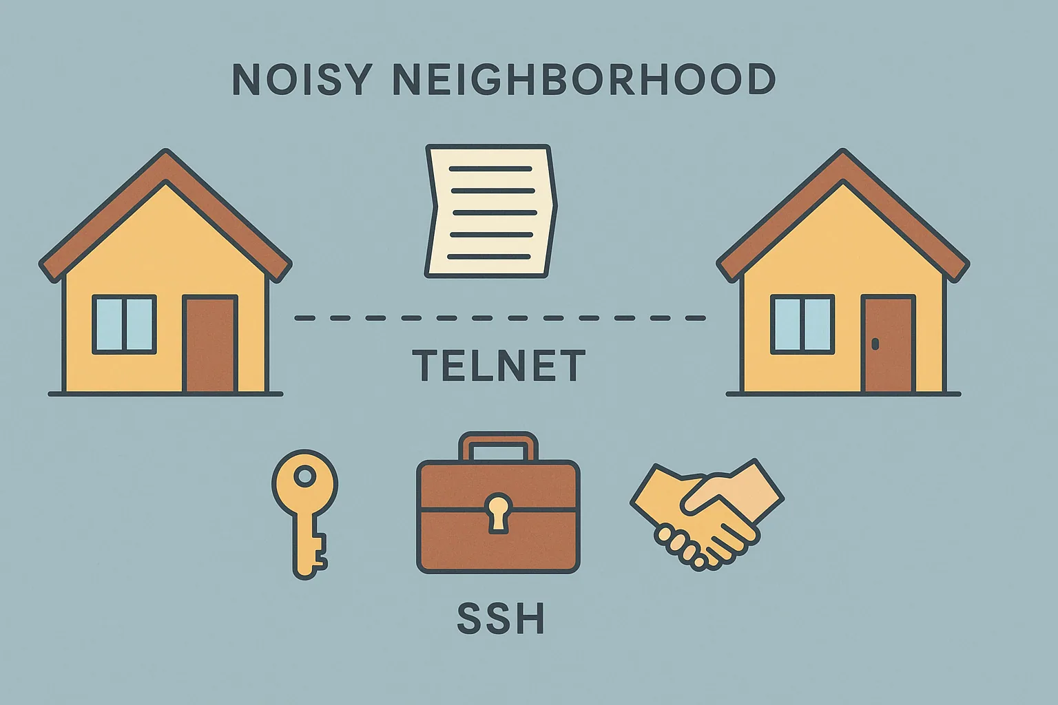 Two houses in a noisy neighborhood: Telnet sends an open letter between them, while SSH uses a key, a locked briefcase and a handshake.