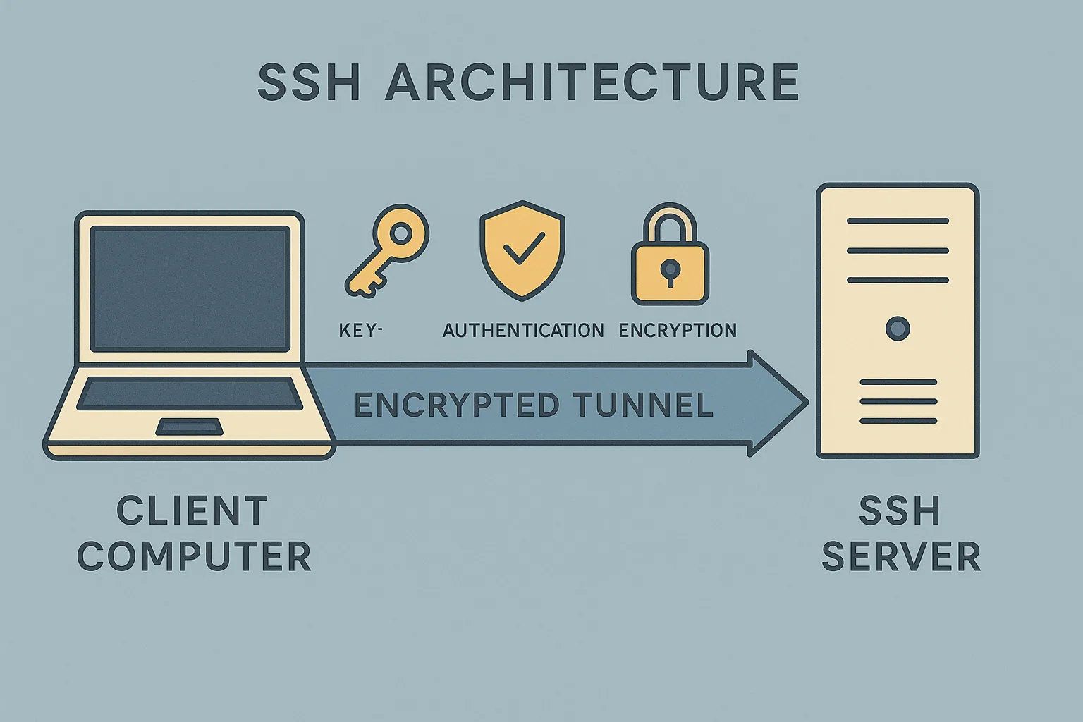 SSH architecture: a client computer connects to an SSH server through an encrypted tunnel secured by a key, authentication and encryption.