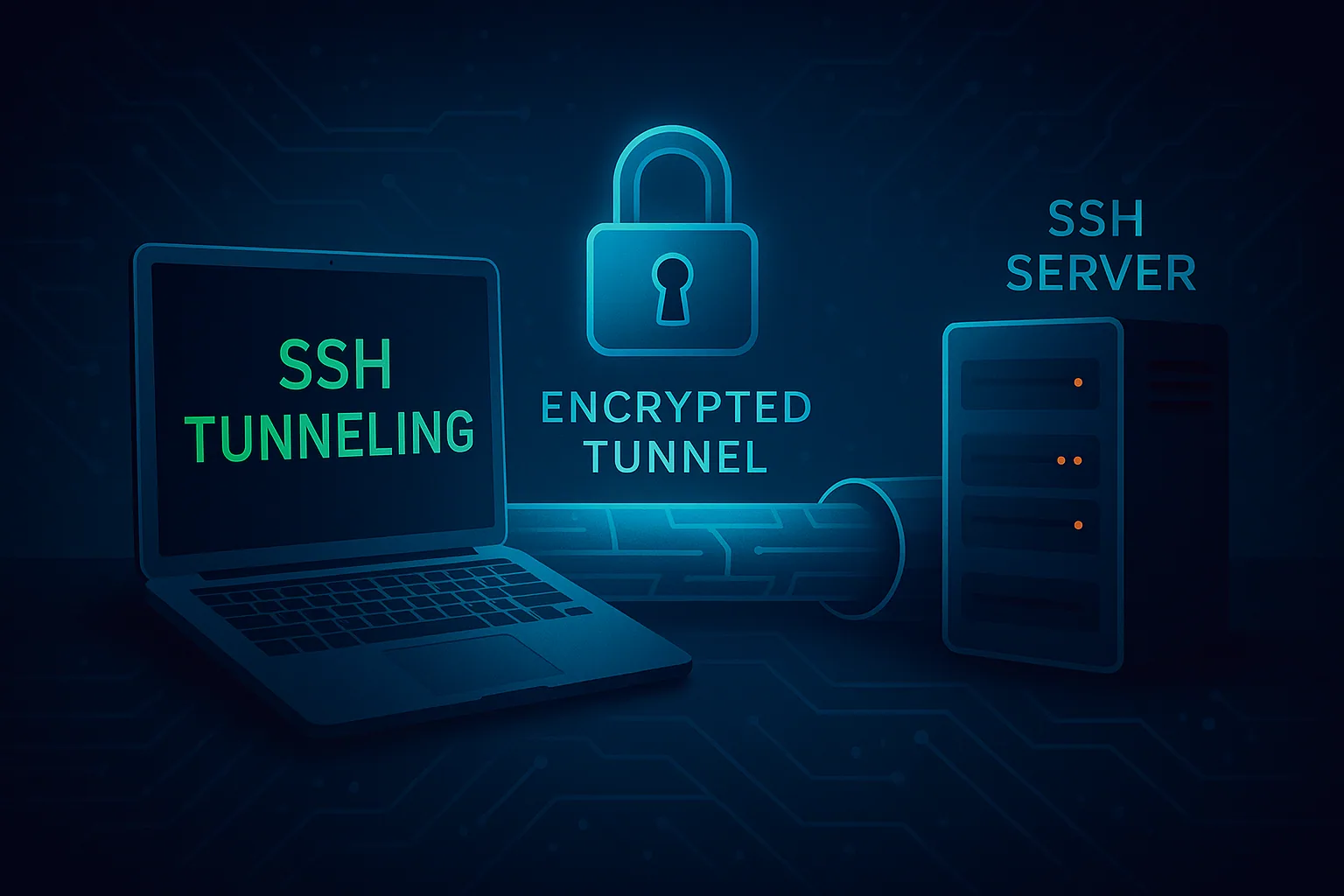 A laptop labelled SSH Tunneling connected to an SSH server through a glowing encrypted tunnel with a padlock.