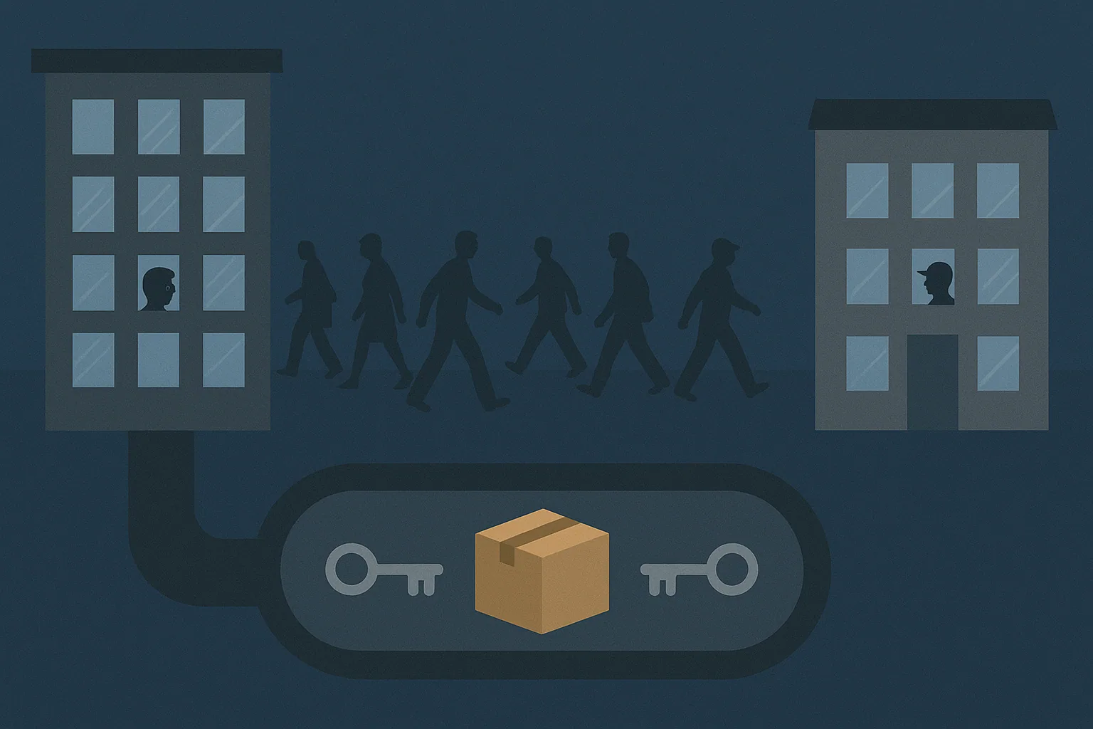 Two buildings separated by a street full of people, connected underground by a private tunnel carrying a package between two keys.