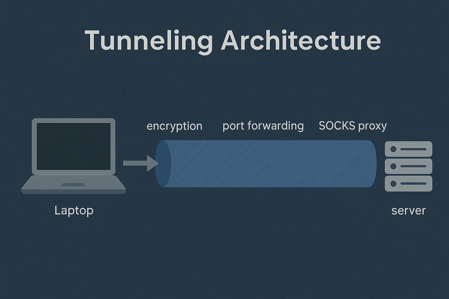 Tunneling architecture: a laptop connects to a server through one tunnel that provides encryption, port forwarding and a SOCKS proxy.