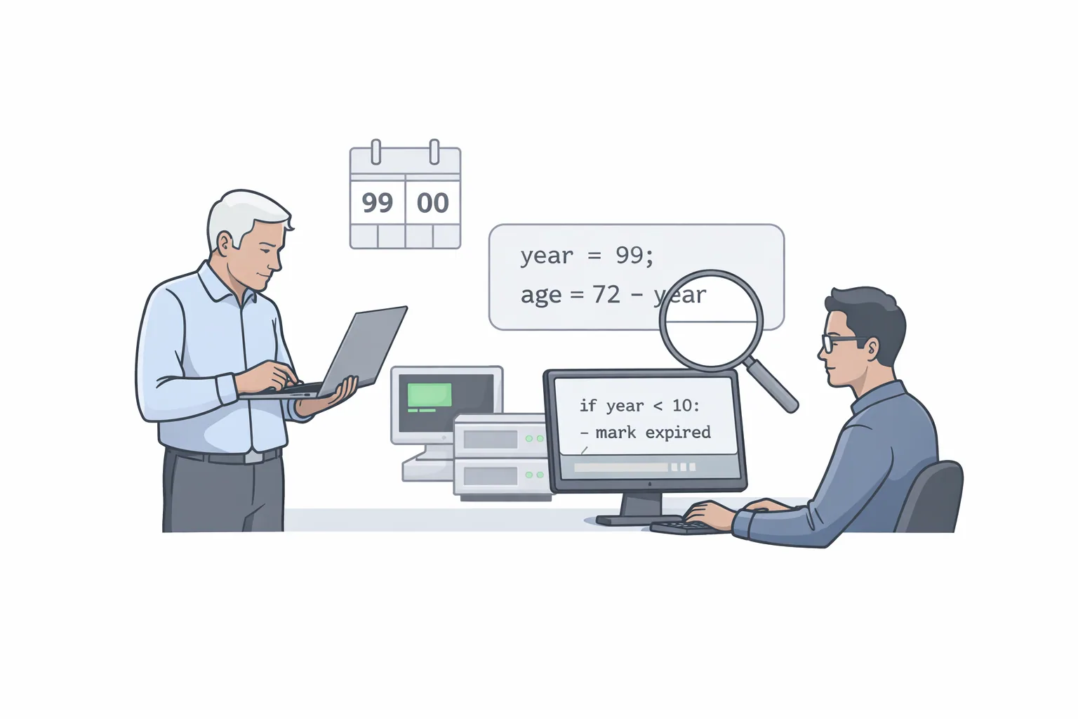 Two engineers auditing legacy code, with a calendar showing 99 and 00 and code reading year = 99 and if year < 10: mark expired.